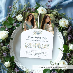 Anuncio Romantic Dusty Blue Floral Grad 2 Photo Collage