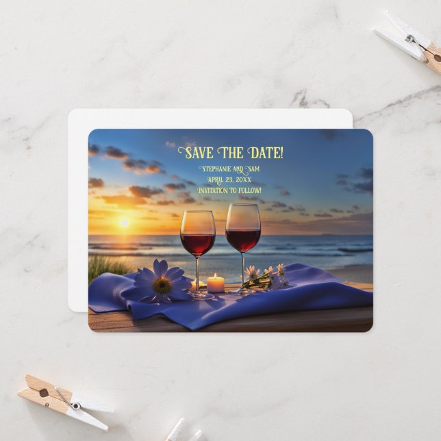 Anuncio Romántico de Vino de Playa para Guardar la (Anverso/Reverso In Situ)