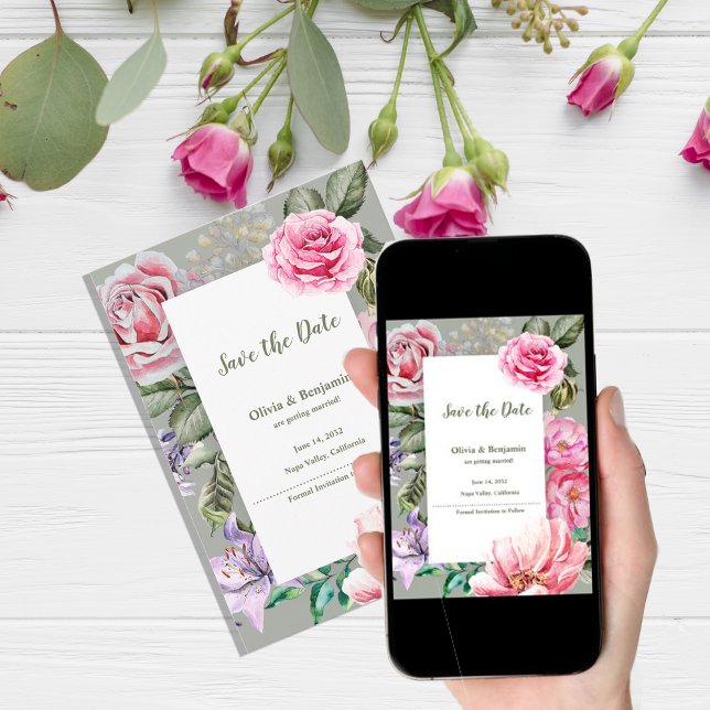 Anuncio Romántico jardín floral rosado Save the Date de bo (Blush Garden Floral Wedding Announcement Card | Romantic Rose Botanical Flat Announcement)