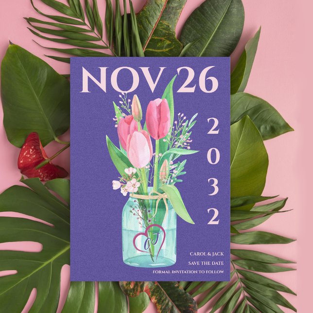 Anuncio Romántico matrimonio floral morado de Rubor salva  (Romantic Purple Blush Floral Wedding Save the Date Announcement)