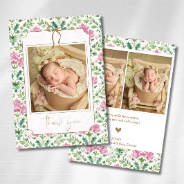 Anuncio Romántico rosa floral lazo dorado foto de bebé 