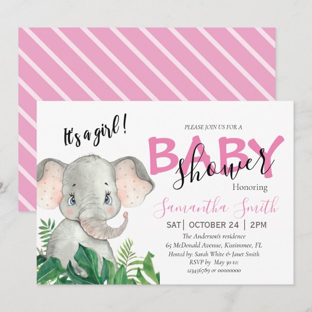 Anuncio Rosa del elefante Baby Shower (Anverso / Reverso)
