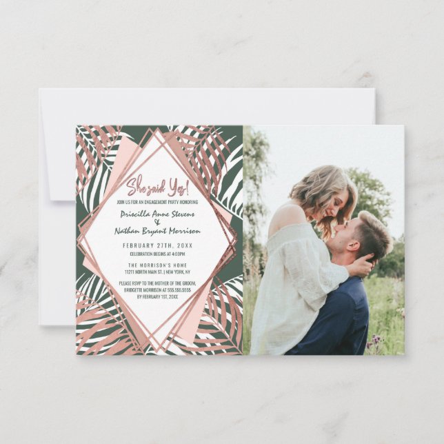 Anuncio Rosa verde Oro Tropical Palm Tree deja Boda (Anverso)