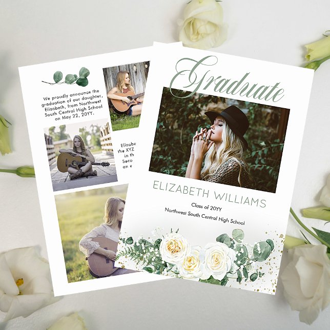Anuncio Rosas blancas |Eucalyptus 4 Graduado de Collage de (White Roses and Eucalyptus Four Photo Collage "Graduate" Script Text Graduation Announcement)