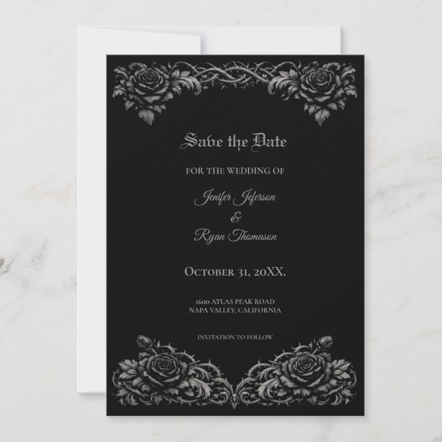 Anuncio Rosas blancas y negras Gothiv Save the date (Anverso)