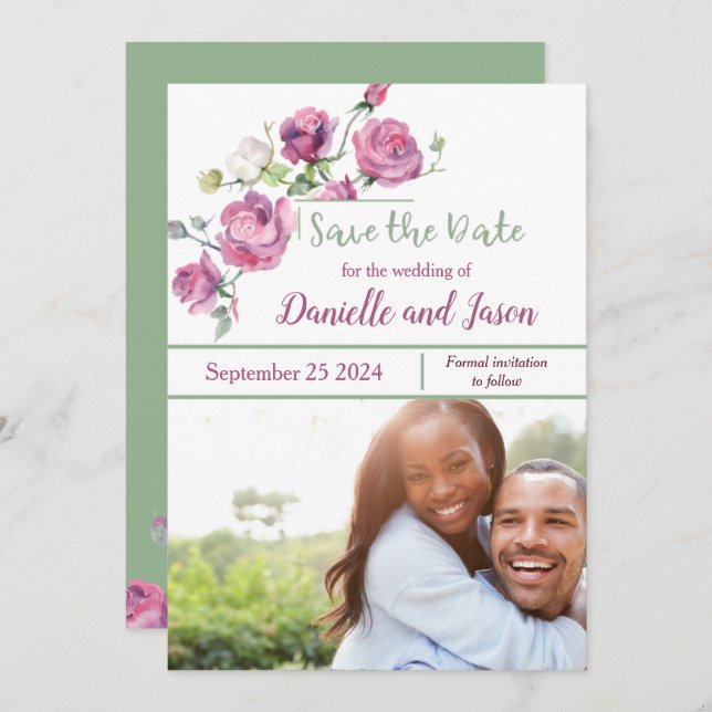 Anuncio Rosas Mauve y Sage Photo Save the Date (Anverso / Reverso)