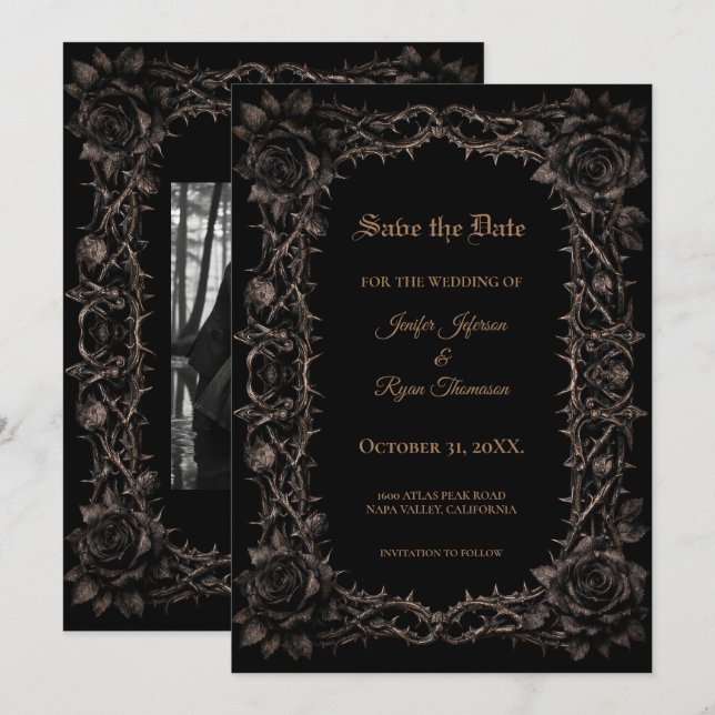 Anuncio Rosas oscuras Save the date de boda gótico (Anverso / Reverso)