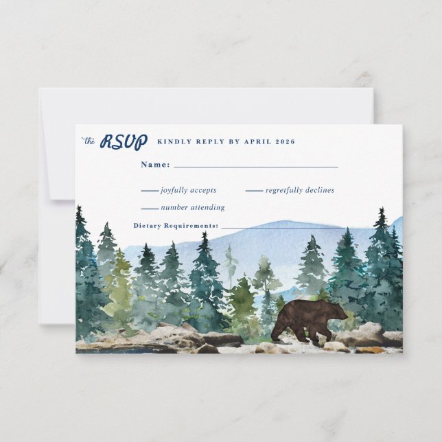 Anuncio RSVP de boda rústica por bosque de montaña (Anverso)