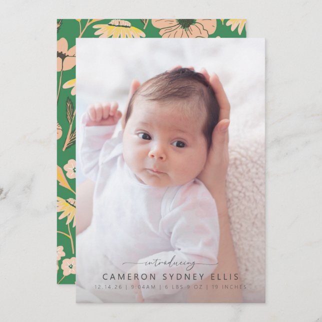 Anuncio Rubor y Green Boho Floral Baby Photo Birno (Anverso / Reverso)