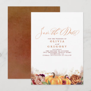 Anuncio Rust Terracotta Floral Calabazas caen Save Date