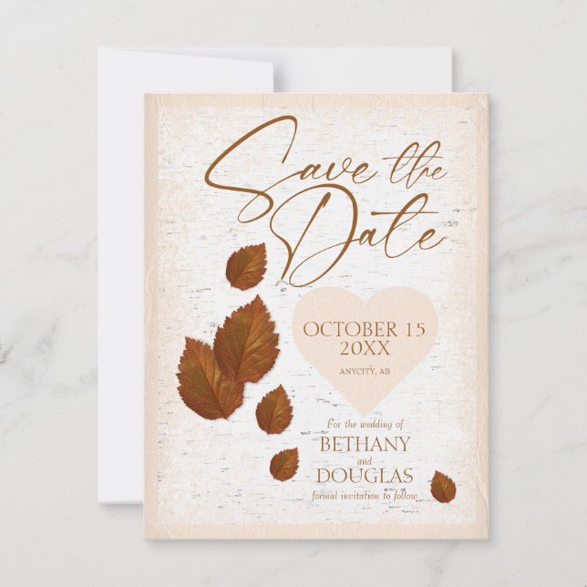 Anuncio Rustic Birch Bark Carved Heart Save the Date (Anverso)