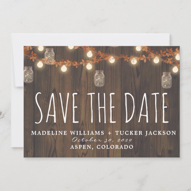 Anuncio Rustic Fall Fairy Lights and Leaves Save the Date (Anverso)