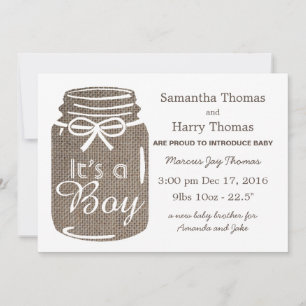 Anuncio Rústica Burlap Mason Jar Recién nacido Boy Invitac