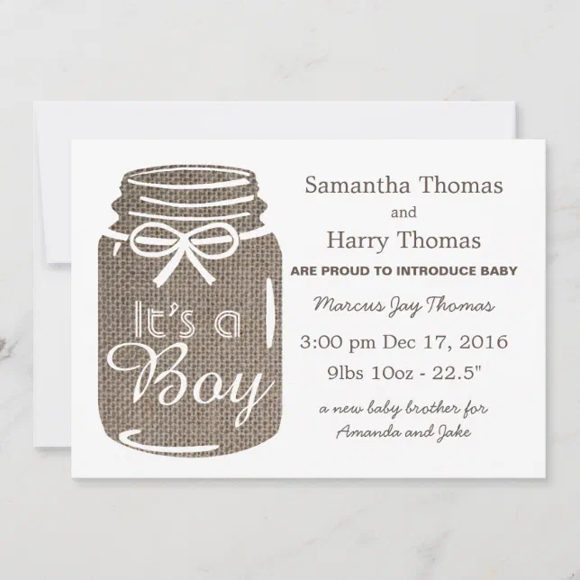 Anuncio Rústica Burlap Mason Jar Recién nacido Boy Invitac | Zazzle.es