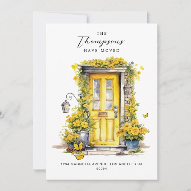 Anuncio Rústica puerta floral amarilla que nos hemos mudad (Anverso)