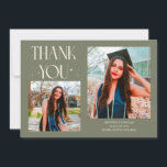 Anuncio Sage Green Graduate Thank You 2-Photo<br><div class="desc">Modern and whimsical graduation announcement photo card featuring 2 photos on the front and 1 on the back. The text says "THANK YOU" with twinkling stars. Add the graduate's name,  information,  and message to personalize this card. Sage green.</div>