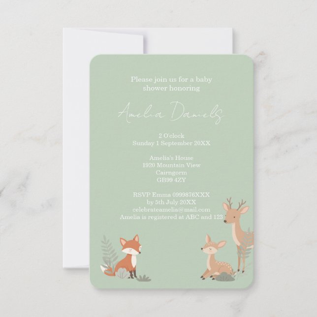 Anuncio Sage Green Woodland Animal Baby Shower Invitation (Anverso)