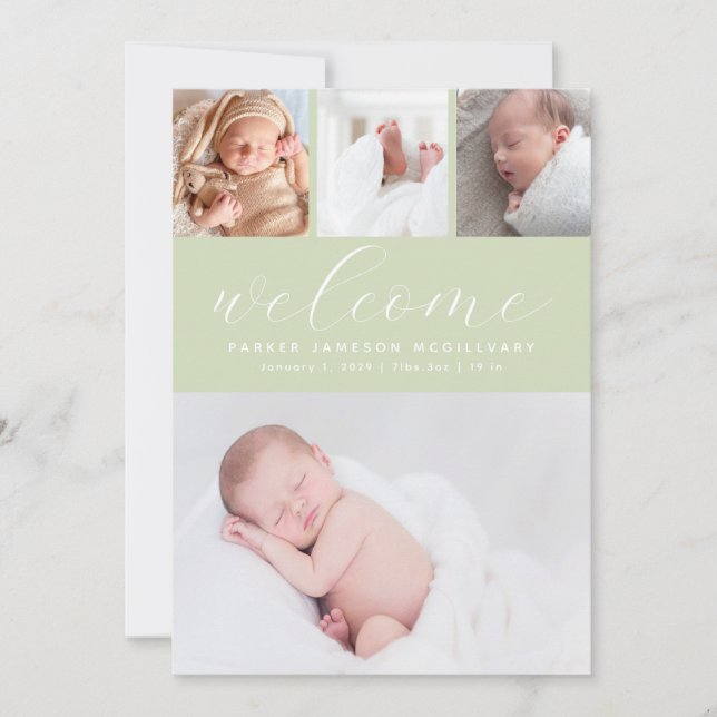 Anuncio Sage Sage Green Welcome Collage de fotos Nacimient (Anverso)