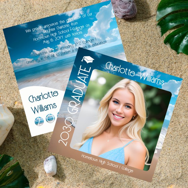 Anuncio Sandy Beach Waves Graduado 2 Foto Graduada (Sandy Beach Waves Unique Graduate 2 Photo Graduation Square Announcement)