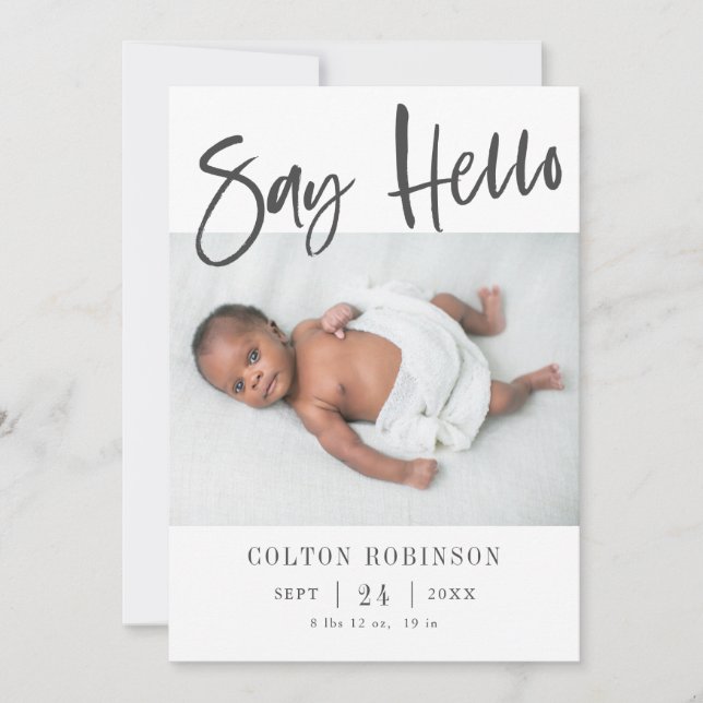 Anuncio Say Hello Modern Calligraphy Baby Photo Birth (Anverso)