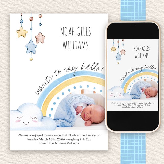 Anuncio Say Hello Photo Cute Rainbow Nursery Boy (Photo Baby Boy Birth Announcement with Cute Rainbow)