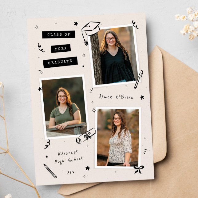 Anuncio Scrapbook Doodles 3-Photo Snapshot Graduation (3-photo graduation announcement with quirky hand-drawn doodles, scrapbook style layout)