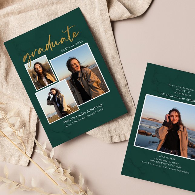 Anuncio Script de Collage de Fotos de Graduación 4 Verde G (Graduation Announcement Photo Collage Green Marble Card)