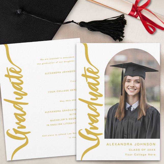 Anuncio Script de Foto Oro de Arquitectura Moderna (Elegant gold script arch photo Graduation announcement card modern stylish custom design)