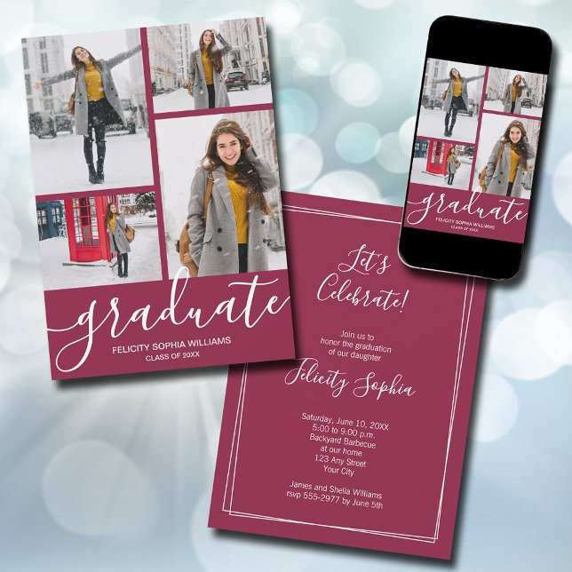 Anuncio Script Moderno 4 Foto Graduación Granate (Modern script 4 photo maroon graduation announcements - PRINTED and/or INSTANT DOWNLOAD)