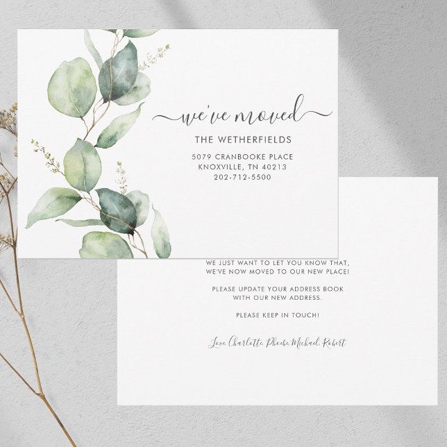 Anuncio Se ha movido la acuarela en movimiento botánico (Watercolor Eucalyptus Script Moving Announcement)
