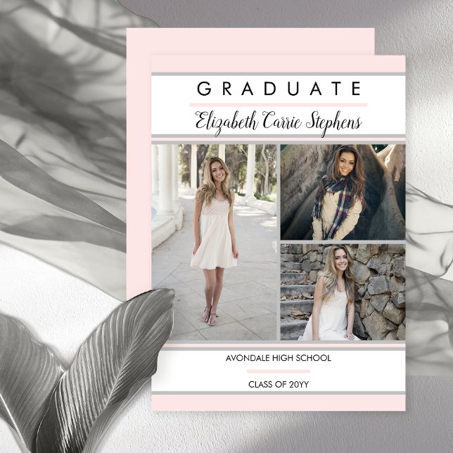 Anuncio Sencilla Clásica Tres Fotografías Graduación Rosa  (Simple Classy Three Photo Blush Pink Graduation Announcement - Print | Digital Download)