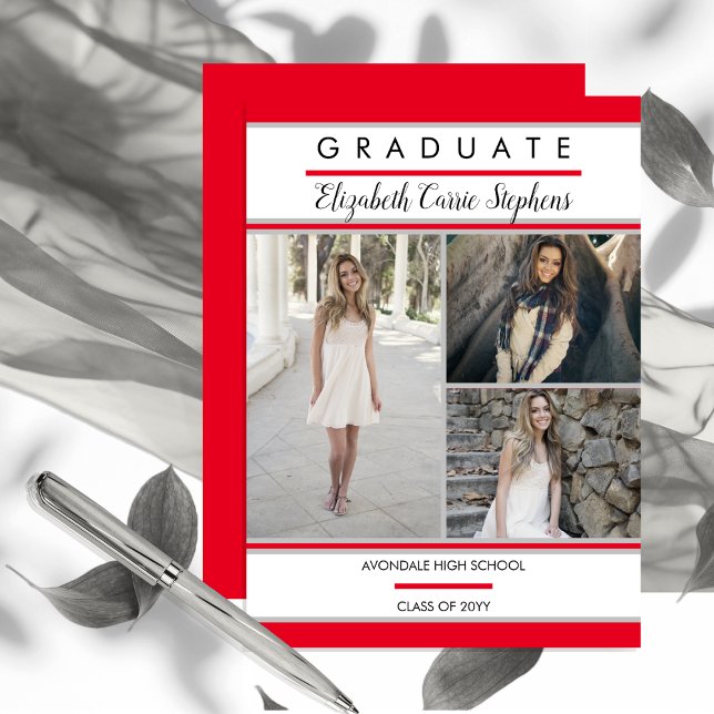 Anuncio Sencillo Clásico Tres Foto Graduación Roja (Simply and Classy Three Photo Collage Red, White and Silver Gray Graduation Announcement)