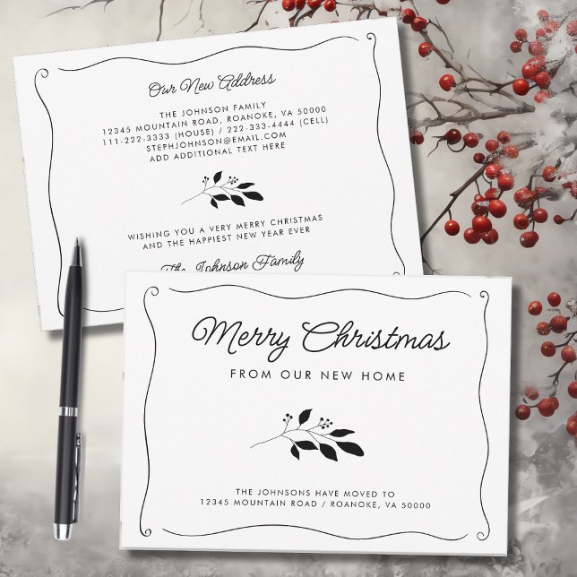 Anuncio Sencillo y elegante vacaciones en el borde ondulad (Simple Elegant Wavy Border Christmas Botanical Holiday Moving Announcement Flat Card with Envelope)