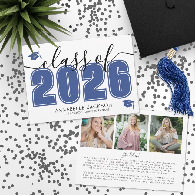 Anuncio Simple Script Graduada Foto Azul Graduación (Simple Script Graduate Photo Blue Graduation Announcement )