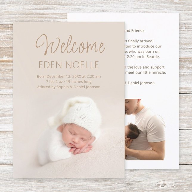 Anuncio Simple y elegante guión marrón bebé nacer (Modern, elegant, brown script 2 photo newborn birth announcement flat card. Simple baby photo card.)