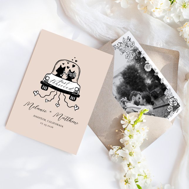 Anuncio Solo Boda casada, novia y foto de Groom Fox (Just Married Wedding Car Bride & Groom Fox Photo Announcement)