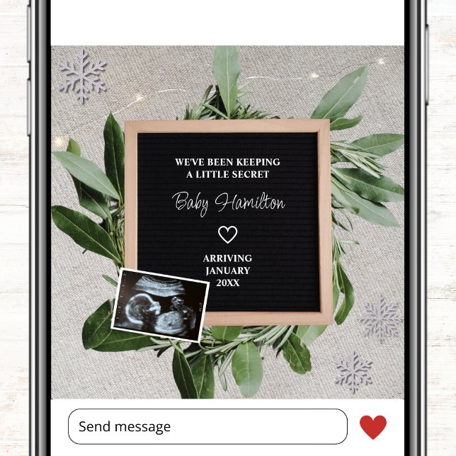 Anuncio Sonograma pequeño secreto de copo de nieve en invi (winter photo pregnancy announcement card ultrasound sonogram little secret snowflake)