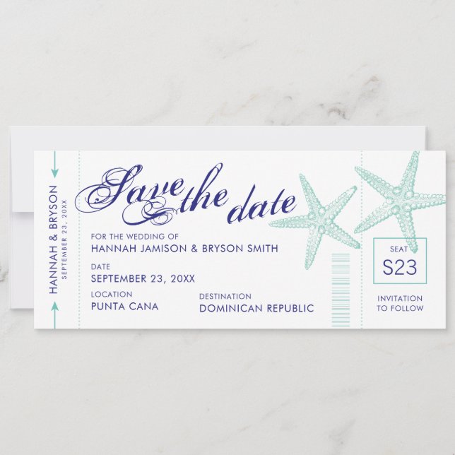 Anuncio Starfish Boarding Pass Beach Save the Date Card (Anverso)