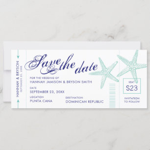 Anuncio Starfish Boarding Pass Beach Save the Date Card