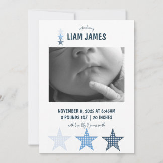 Anuncio Starry Gingham Baby Boy Birth Announcement Card