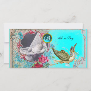 Anuncio STORK BABY SHOWER MONOGRAM ,aquamarina,blanco