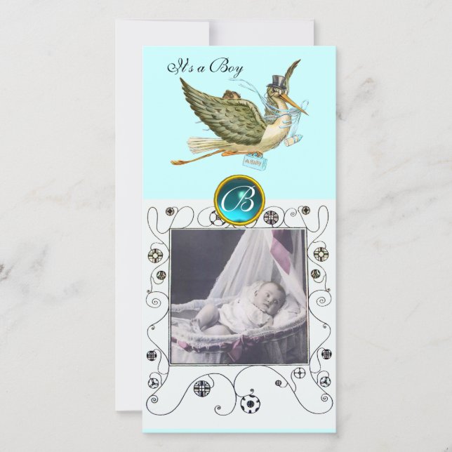 Anuncio STORK BABY SHOWER SWIRLS MONOGRAM aquamarine (Anverso)