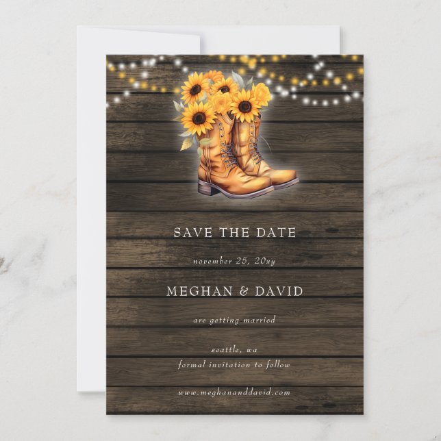 Anuncio Sunflowers Cowboy Boots Barn Wood Save The Date (Anverso)