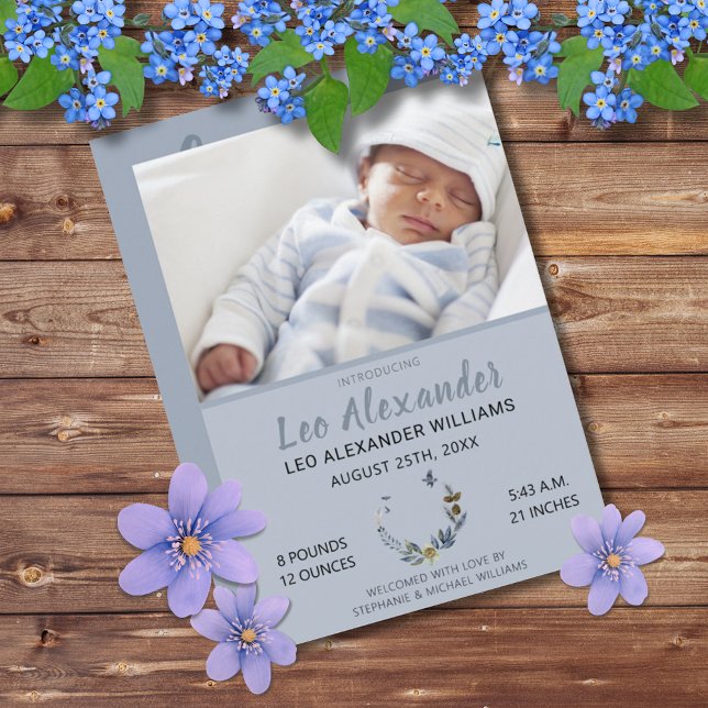 Anuncio Sweet Blue Boho Floral Baby Boy Foto Nacimiento (Sweet Blue Boho Floral Baby Announcement Photo Card)