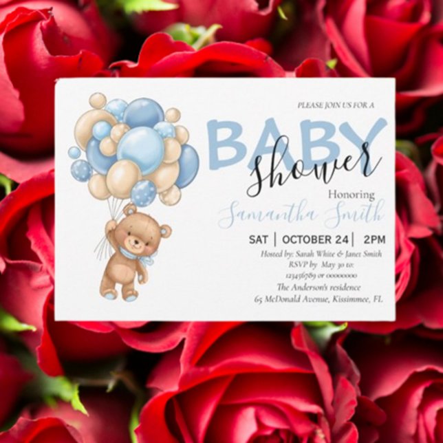 Anuncio Teddy Bear Blue Balloon Boy Baby Shower (Celebrate your baby boy with a charming teddy bear blue balloon baby shower announcement.)
