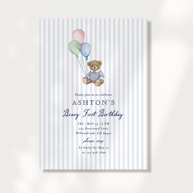 Anuncio Teddy Bear Blue Stripes First Birthday Invitation  (Subido por el creador)