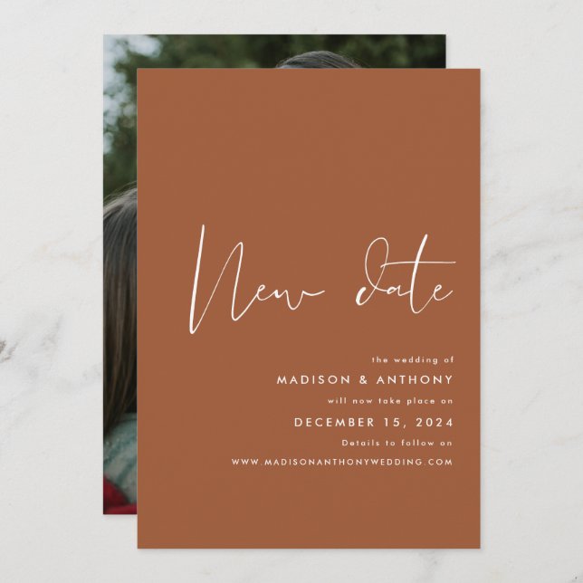 Anuncio Terracota Minimalista Foto Nueva Fecha Boda  (Anverso / Reverso)