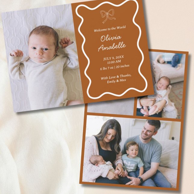 Anuncio Terracota personalizada Bow Wavy Boho Collage Baby (Custom Terracotta Bow Wavy Boho Collage Baby Birth Announcement
)