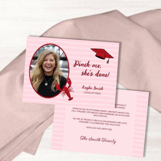Anuncio Tiburón de langostino Me Pinch Pink & Red Photo Gr (Crawfish Boil Pinch Me Pink & Red Photo Graduation Announcement)