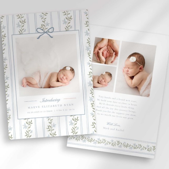 Anuncio Timeless Floral Bow Photo Birth Announcement (Subido por el creador)